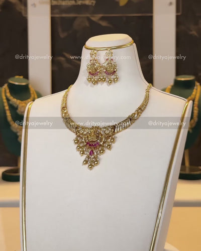 Premium Temple Short Necklace Set with Red Stone Accents