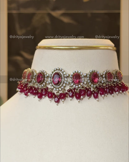 Premium Minimal Victorian Choker Set - Ruby Red