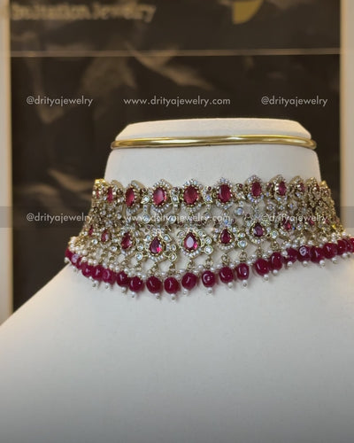 Premium Victorian Choker Set with Ruby Red Bead Drops