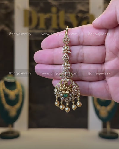 Premium Temple Maang Tikka with Green Stone & CZ Detailing