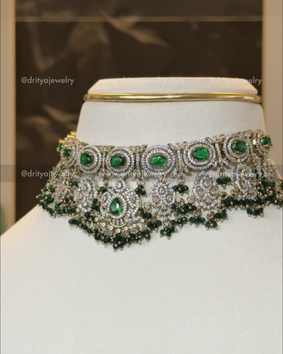 Premium Victorian Heavy Choker Set with Earrings - Emerald Green