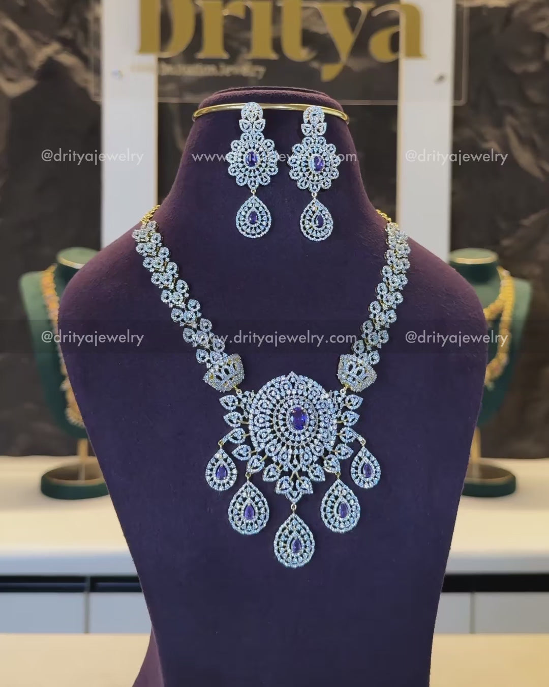 Load video: Premium Diamond Replica Short Necklace Set - Purple Accent