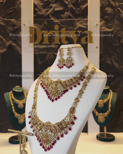 Premium Nakshi Temple Bridal Set with Ruby Red Beads
