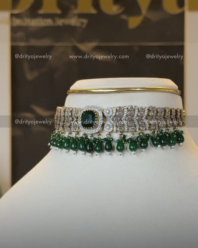 Premium Victorian Choker Set with Emerald Green Bead Drops