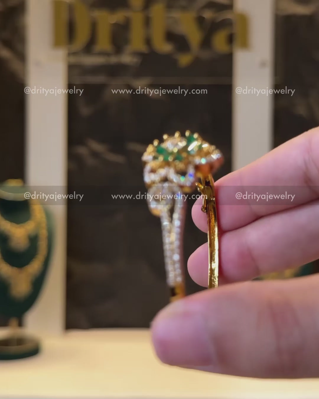 Load video: Premium CZ Openable Kada with Green Stone Floral Accent