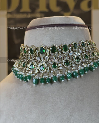 Premium Victorian Choker Set with Green Gemstone Drops