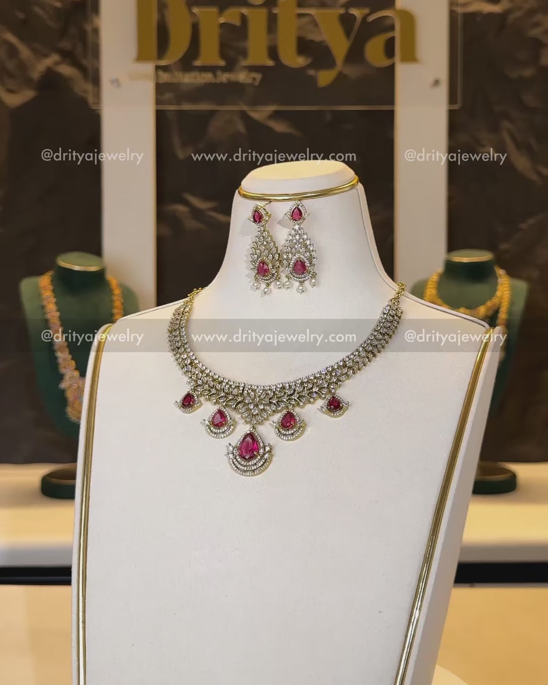 Load video: Premium Victorian CZ Ruby Necklace Set