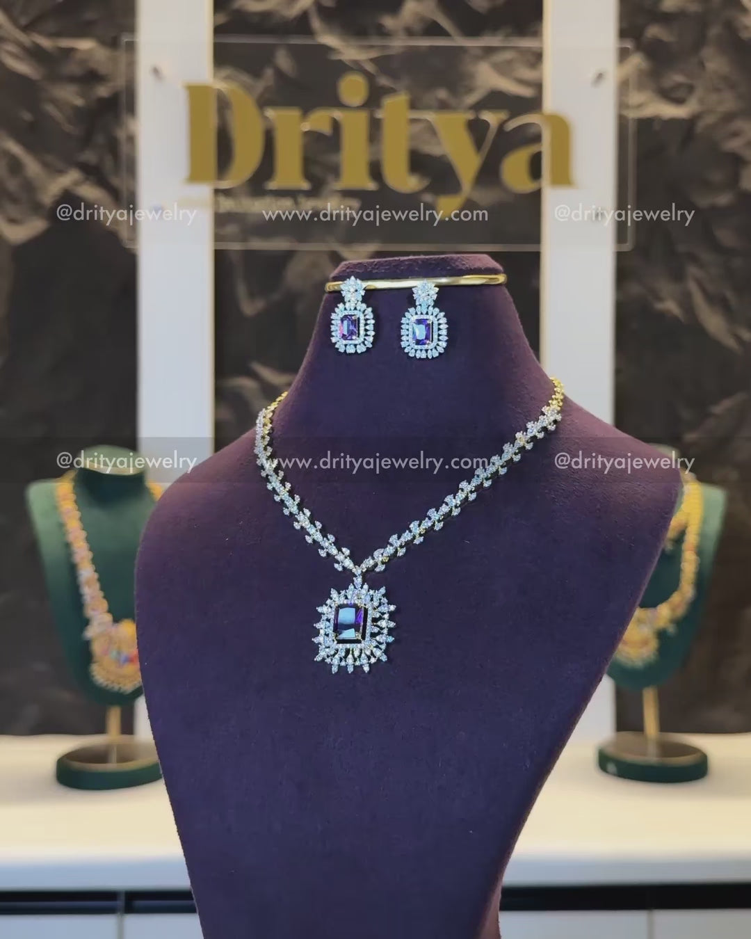 Load video: Premium Purple Stone Diamond Replica Necklace Set