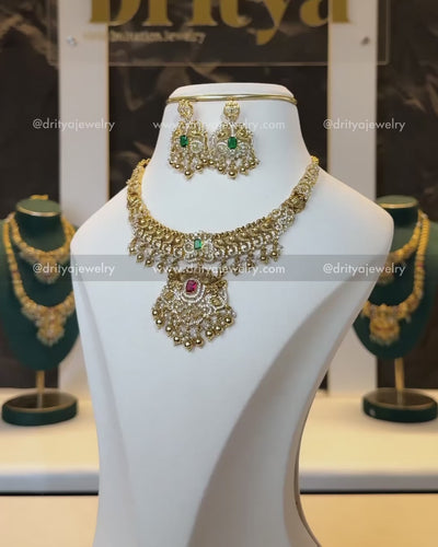 Premium Antique Short Necklace Set with Peacock Motifs