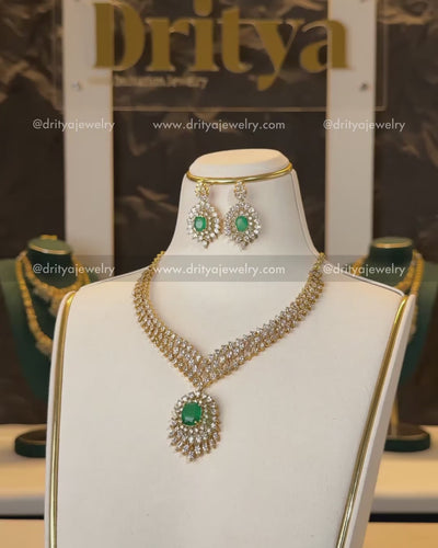 Premium AD Short Necklace Set with Emerald‑Green Center