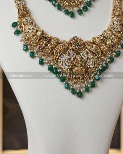 Premium Nakshi Temple Bridal Set with Emerald Green Beads