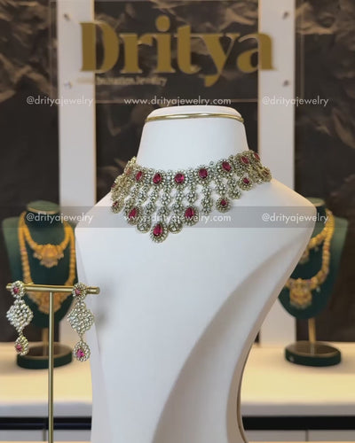 Premium Princess Length Victorian Necklace Set - Ruby Red