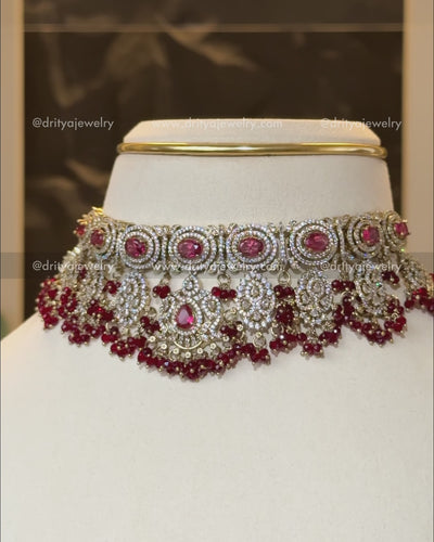 Premium Victorian Heavy Choker Set with Earrings - Ruby Red