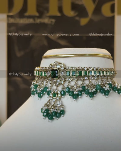 Premium Green Choker Set with Reverse AD Stones and Emerald Beads